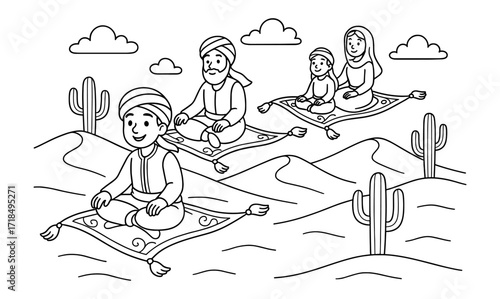 Family flying on magical carpets over desert landscape for children's coloring book design
