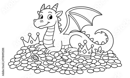 Whimsical dragon reclining on treasure hoard with crowns for coloring book design