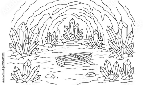 Enchanting crystal cave adventure featuring boat and stalactites for coloring and design projects