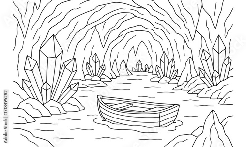 Serene crystal cave adventure with boat in underground cavern for coloring page or design