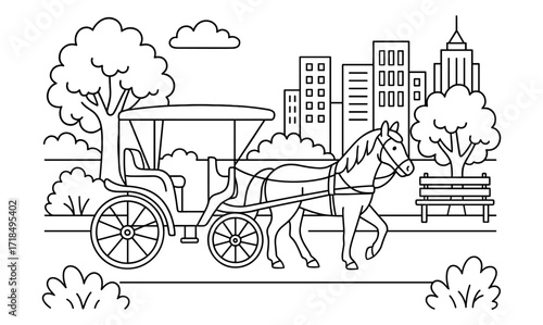 Horse carriage scene in urban park setting for coloring book design