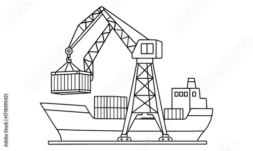 Port crane and cargo ship illustration for children's coloring book and educational materials