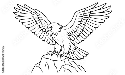 Majestic eagle landing on rock outline for wildlife art and coloring design