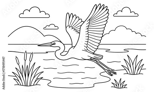Elegant egret in flight over peaceful lagoon with simple composition for nature designs