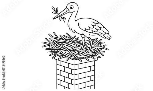 Stork nesting on chimney illustration – nature and wildlife design for coloring books or educational materials