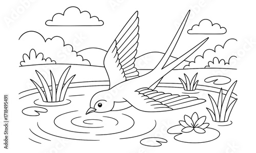 Swallow in flight over serene pond for nature coloring page design