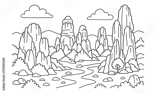 Serene karst landscape coloring page for relaxation and creativity