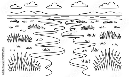 Tranquil salt marsh scene coloring page for relaxation and creativity