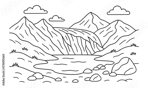 Serene glacier valley landscape scene with mountains and clouds - ideal for nature illustrations or coloring designs