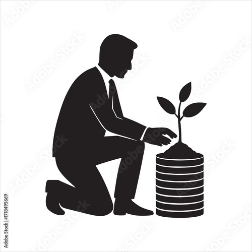 Businessman tending to a seedling growing from a stack of coins representing investment growth and financial success illustrating careful nurturing of investments