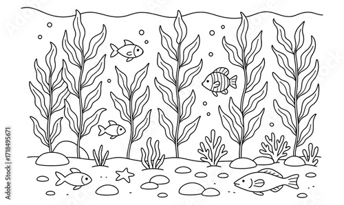 Underwater kelp forest coloring page for kids and adults - marine life illustration for art and relaxation