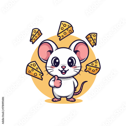 A cute cartoon mouse juggling cheese wedges, thumbs up.