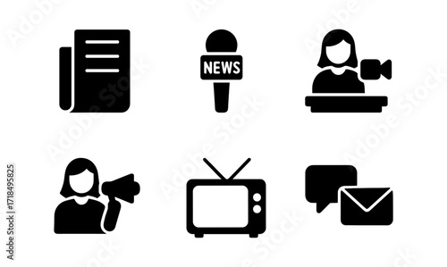 Mass media icons set featuring news microphone, tv, newspaper, and communication elements for design use