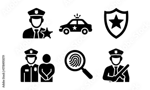 Technology and law concepts featuring police silhouettes and icons for legal design projects