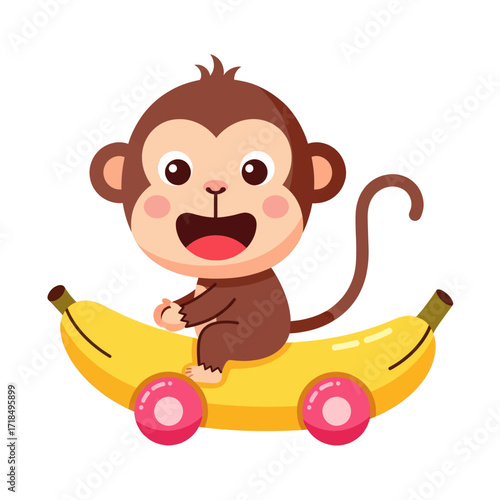 A cute cartoon baby monkey happily riding on a yellow banana car with pink wheels, isolated on a white background.