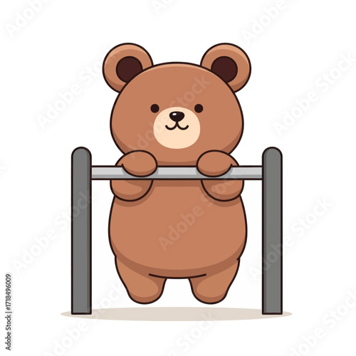 A cute cartoon brown bear doing a pull-up on a horizontal bar, representing fitness, exercise, and strength in a charming illustration.
