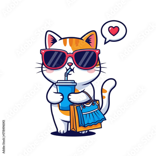 A cartoon cat wearing sunglasses, drinking from a cup, holding shopping bags, and thinking of love.