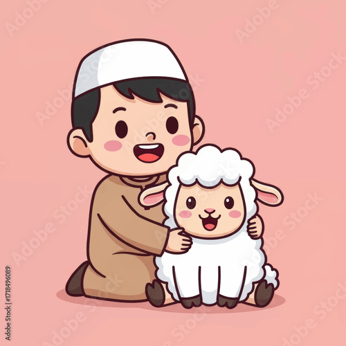 Cartoon of a boy wearing a kufi hugging a sheep on a pink background.
