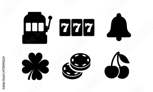 Casino slot machine silhouettes featuring clover, cherries, and lucky seven for game design