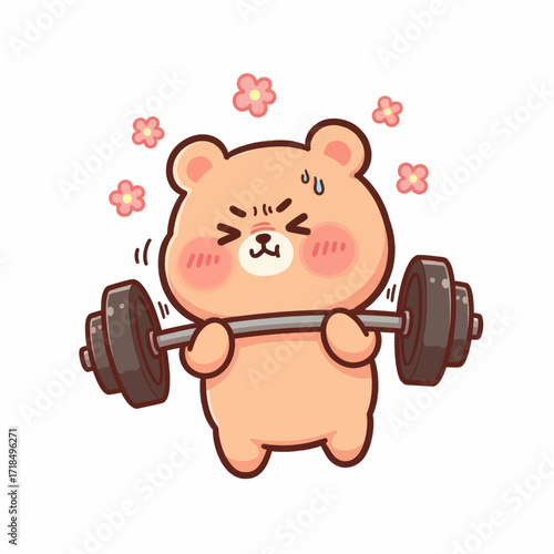 Cute cartoon bear character lifting weights with a barbell, showing effort and determination during exercise.