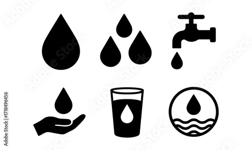 Water conservation icons with droplets, hand, faucet, glass, and waves silhouette design for eco-friendly initiatives