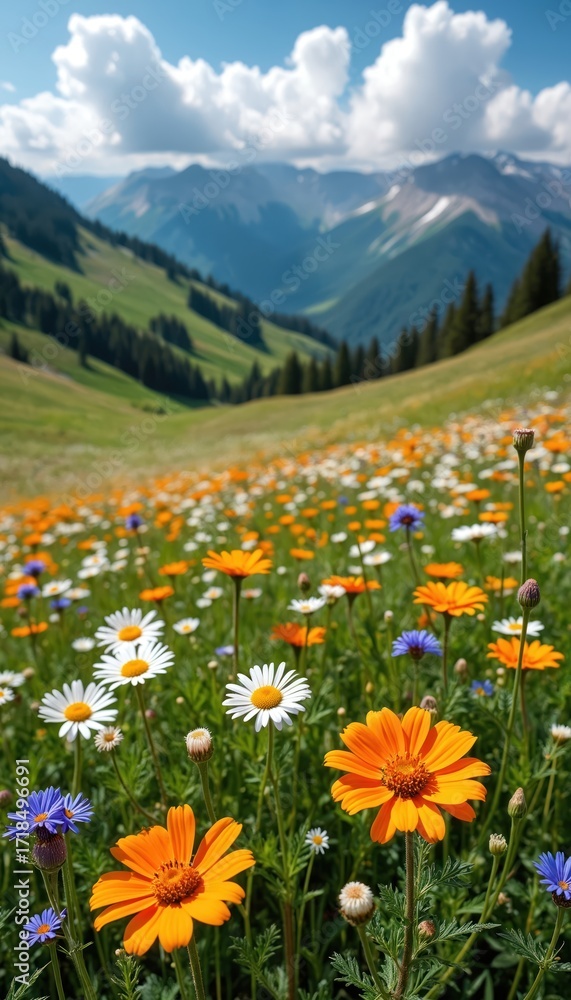 Fototapeta premium Green mountain meadow bursting with vibrant wildflowers in full bloom. Orange daisies, white daisies, blue asters create colorful tapestry against rolling hills, distant peaks under bright blue sky