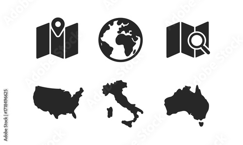 Geography icon collection featuring map, globe, and country silhouettes for design use