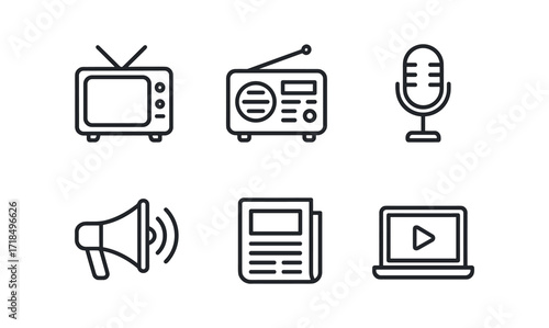 Media icons collection for digital and print design featuring microphone, radio, tv, megaphone, newspaper, and laptop