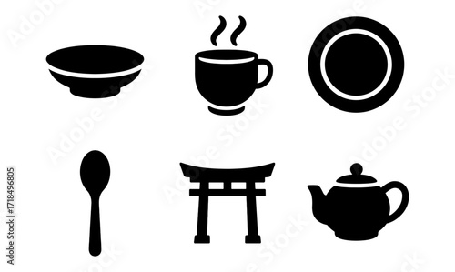 Minimalist black silhouette icons of japanese tea set and dining ware
