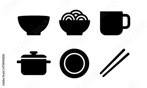 Silhouette icons of kitchen and dining essentials: bowls, mug, pot, plate, chopsticks