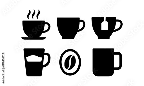 Silhouette coffee and tea mug icons for beverage design projects