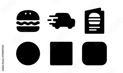 Fast food silhouettes: burger, car, menu, basic shapes in modern design