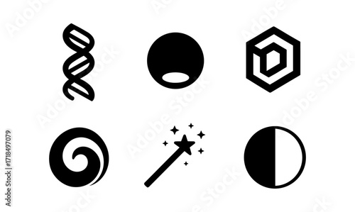 Minimalist black and white icons: dna, spotlight, hexagon, spiral, magic wand, moon phase