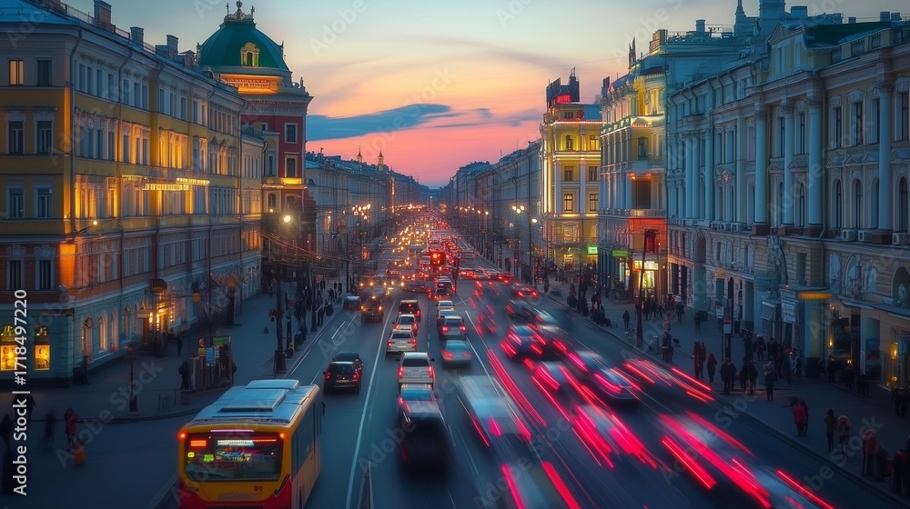 Obraz premium Cars move along the city street as the cars drive under the glowing evening sky. Buildings line the street while cars create a vibrant scene during twilight.