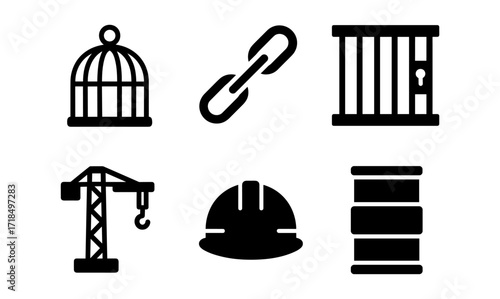 Industrial and security icons: cage, chain, jail, crane, helmet, barrel