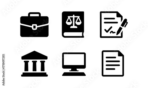 Legal and business icons set: briefcase, book, document, building, computer display