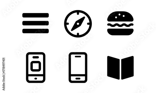 Minimalist icons: menu, compass, burger, smartphone, book