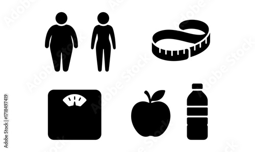 Wallpaper Mural Healthy lifestyle icons: fitness, nutrition, and weight loss symbols in simple silhouette style Torontodigital.ca