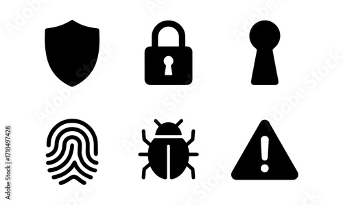 Security icons: lock, shield, keyhole, fingerprint, bug, warning