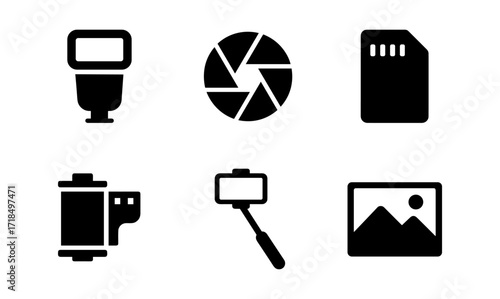 Photography icons set: camera, shutter, and memory symbols in flat silhouette design
