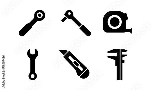 Black silhouette icons of essential hand tools for construction and repair