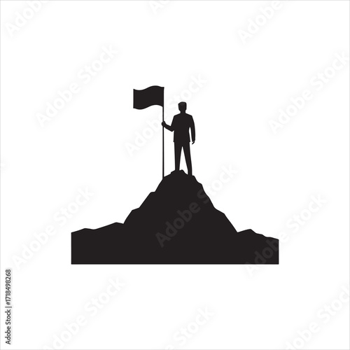 Silhouette of a businessman planting a flag on a mountain peak symbolizing success achievement motivation and leadership in overcoming challenges to reach the top goal