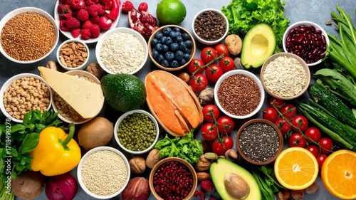 Overhead close-up shot of nutritious food variety including fruits, vegetables, grains, legumes, nuts, and salmon arranged on gray surface