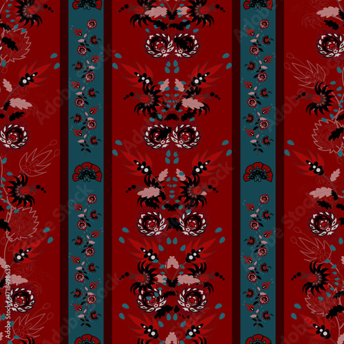 Floral seamless folk pattern, ethnic folklore flowers. Ethnic flowers, Jacobean traditional style on a white background. Classic indian motifs, trendy vector illustration
