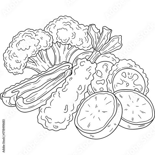 Crispy Fried Vegetables Line Art Coloring Page - An assortment featuring broccoli, bell peppers, and various vegetable slices, ideal for a fun and engaging culinary activity