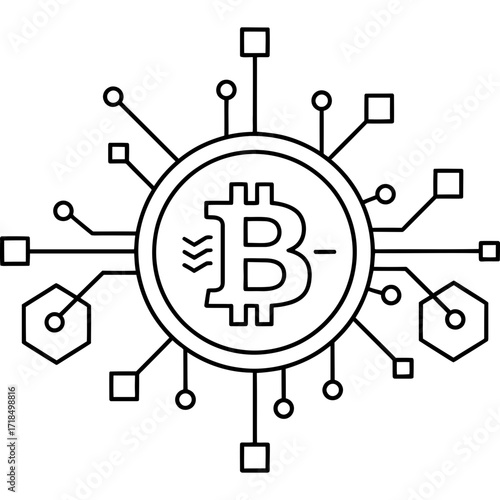 Digital cryptocurrency coin with a network circuit. Line art icon representing blockchain technology and decentralized finance