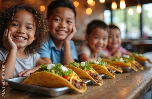 Joyful children smile at tacos in casual eatery. Group enjoys delicious mexican meal together. Youngsters share tasty food, making happy memories. Friends dine, celebrate, laugh, enjoying lunch,