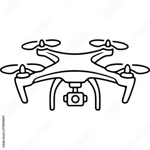 Simple black and white line icon of a quadcopter drone with a camera for aerial videography and surveillance technology