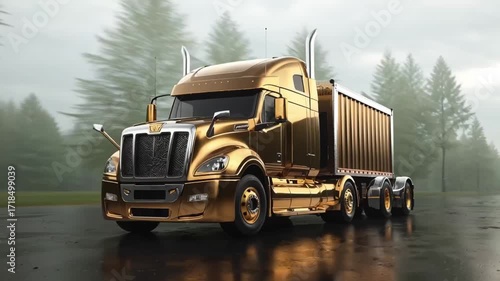 Heavy gold cargo truck driving on a highway, transporting goods for shipping and logistics