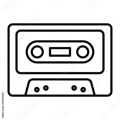 Cassette tape vector icon. Retro audio cassette black line art. Vintage music recording and playback symbol for nostalgia or media design.